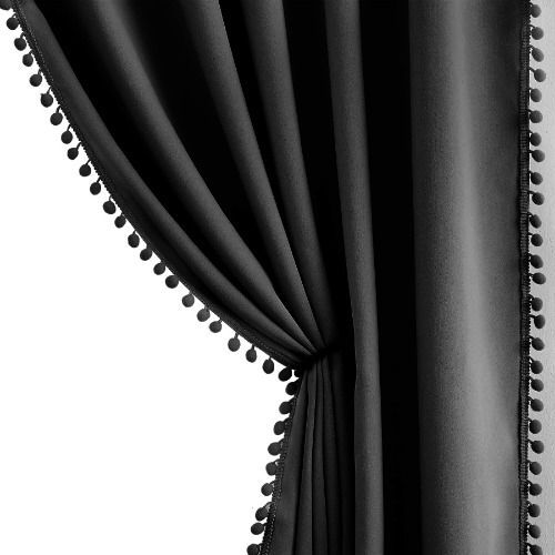 Pom Pom Black Blackout Curtains for Bedroom 63 inch Thermal Insulated 100 Full Blackout Window Panels for Living Room Drapes Nursery Kids Guest Room 50" w x2 Panels Rod Pocket - 50" x 63" Black