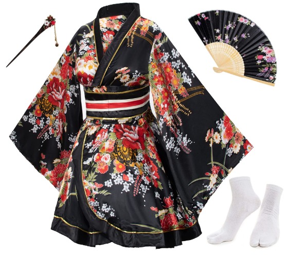 Japanese Anime Women's Dance Kimono Robe Fancy Dress Hand Held Silk Folding Fans Tabi Hairstick Socks Set