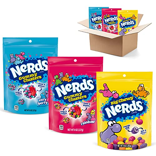 NERDS Gummy Clusters Variety Pack | Rainbow Gummy Clusters, Very Berry Gummy Clusters, Big Chewy Nerds | Individually Wrapped, Reclosable Bags of Candy | Pack of 3, (2) 8 oz Bags, (1) 10 oz Bag,3 count (Pack of 1) - Assorted - 3 count (Pack of 1)