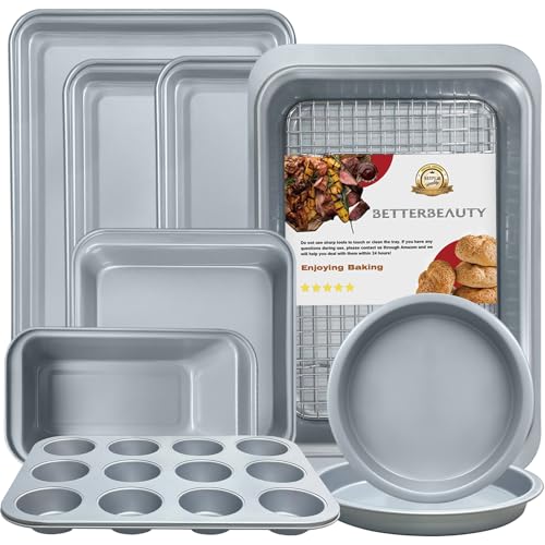 BETTERBEAUTY Baking Pans Set 10 Pcs, Nonstick Professional Kitchen Bakeware Sets with Cookie Sheets, Muffin Pan, Bread Pan, Loaf Pan, Cake Pan and Cooling Rack, 0.8mm Thick/Dishwasher Safe/Heavy Duty - Silver