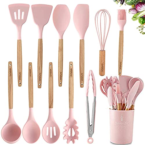 VIVAYO Silicone Cooking Utensil Kitchen Utensils Set, 12 Pieces Silicone Kitchen Utensil Wooden Handles, Kitchen Spatula Sets with Holder Spoon Turner Tongs, Pink - Pink