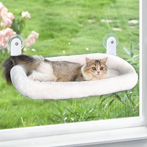 Zoratoo Cat Window Perch, Cordless Cat Hammock Window Seat with Cozy Pad Bed Cover for Indoor Cats, Durable Metal Frame Support Cat Bed with 4 Suction Cups for Large Cats (Cushion Pad Bed - White) - Cushion Pad Bed - White