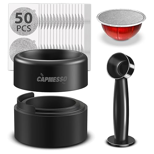 CAPMESSO Reusable Vertuoline Pod Refill Kit, 2024 Innovative for Faster Seal Reusable Vertuoline Pods with Fill & Press Brush,50pcs Aluminum Lids for Vertuoline Pod (52, 50 Lids+1 Holder+1 Scoop) - 52 - 50 Lids + 1 Holder + 1 Scoop