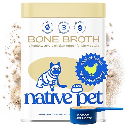 Native Pet Chicken Bone Broth Powder for Dogs & Cats, 5.75 oz - Pet Gravy Food Topper for Picky Eaters – Cat & Dog Bone Broth Powder - Protein Rich Pet Food Supplement & Collagen Source - Chicken - 48 Servings