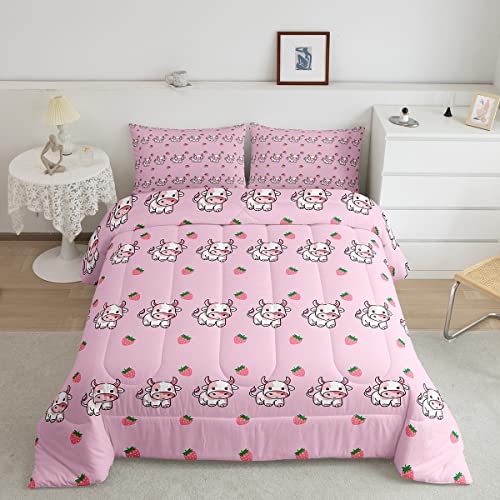 Cute Cow Twin Comforter Set Kawaii Strawberry Bedding Comforters & Sets Pink Milk Cow Duvet Farm Animal Print Quilt Comforter Kids Boys Girls Cartoon Style Bedroom Decor Children's Day Gifts 2Pcs Cozy - Cow 01 - Twin