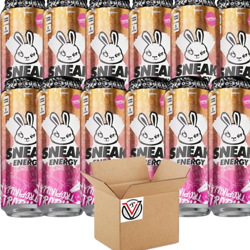 Sneak-Energy Tropikilla, Purple Storm, Blizzard Lemonade, Raspberry Lemonade Can 500ml - Zero Sugar and No Artificial Colours or Flavours (12 Cans, Tropikilla) - Tropikilla - 12 Cans