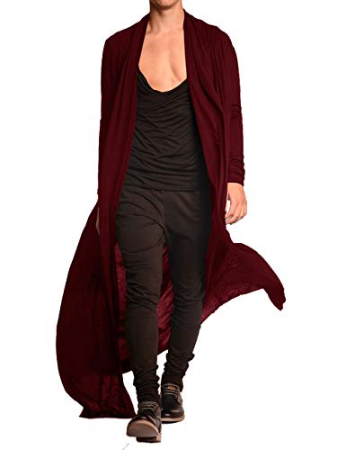 COOFANDY Men's Lightweight Ruffle Shawl Collar Cardigan Open Front Long Length Drape Cape Overcoat - Wine Red - Large