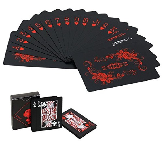 Joyoldelf Waterproof Playing Cards with Unique Pattern & Flower Backing - Cool Black PVC Flexible Classic Magic Poker Tricks Tool - Black-red
