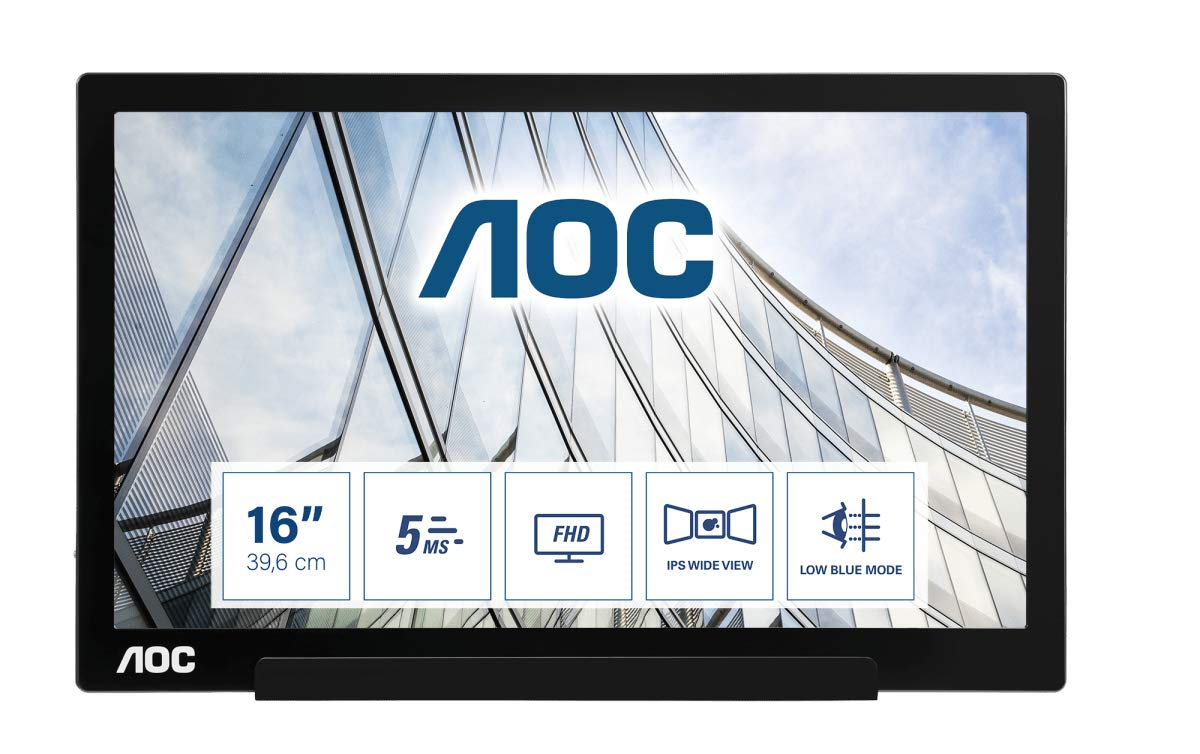 AOC i1601Fwux - 16 inch FHD USB-C Powered Portable Monitor, Smart Cover, Auto Pivot, Low Blue mode, USB-C (DP Alt mode) 1920 x 1080 FHD