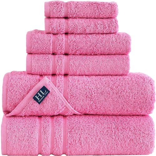 Hawmam Linen Pink 6 Pack Bath Towels Sets Linen for Bathroom Original Turkish Cotton Soft, Absorbent and Premium 2 Bath, 2 Hand, 2 Washcloths - 6 Piece Towel Set - Pink