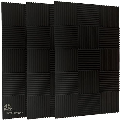 48 Pack Acoustic Foam Panel Wedge Studio Soundproofing Wall Tiles 12" X 12" X 1" - Black