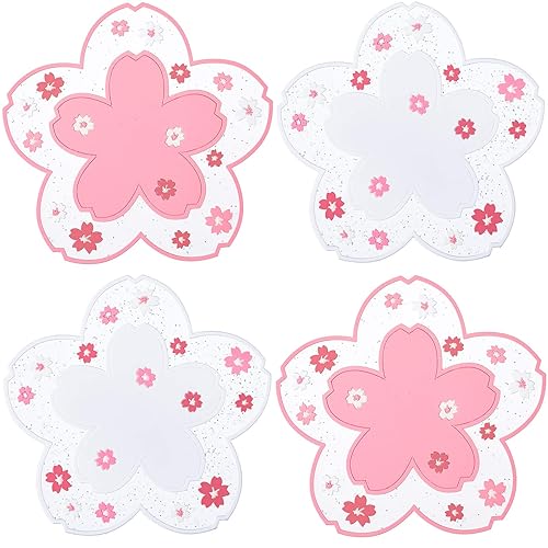 Sakura PVC Coaster Cherry Flower Cup Anti-Skid Insulation Coaster for Beer, Coffee, Tableware Tea(4.5 Inch,4 Pieces)