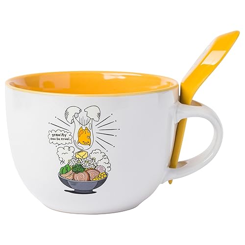 Silver Buffalo Sanrio Gudetama Lazy Egg Dangerous Situations Ceramic Soup Mug with Spoon, 24 Ounces - Gudetama Dangerous Situations Boxed