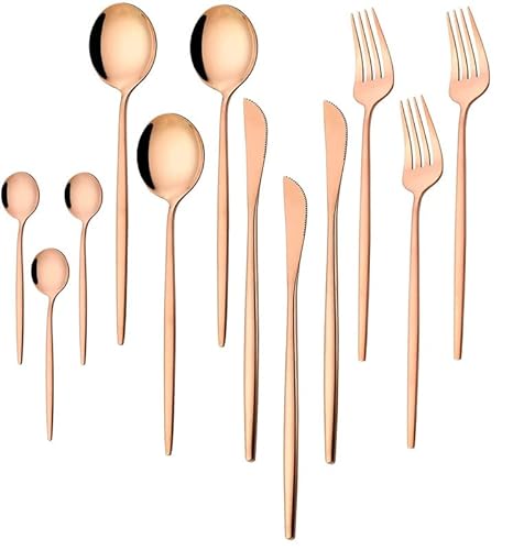 M.T. BROTHERS - Stainless Steel Flatware Set, Tableware Cutlery Set, Utensils for Kitchens, Dishwasher Safe(Fork 3+Knife 3+Salad Spoon 3+Tea Spoon 3) (Rose Gold Hotel Spoon, 12)