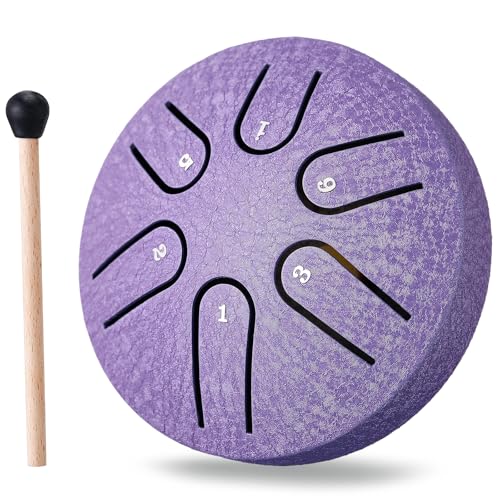 PUJONI Mini Steel Tongue Drum 3 Zoll 6 Noten, Kleine Handtrommeln mit Schlägeln Musikbuch, Klangheilungsinstrumente für Musikerziehung Unterhaltung Chakra (Lila) - 3 Inch 6 Notes - Violett