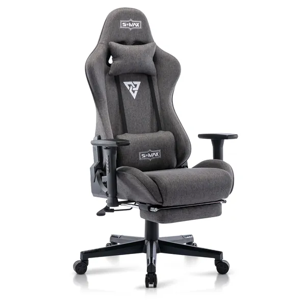S*MAX Gaming with Footrest Chair Fabric Thicken Seat Ergonomic Computer Gamer Chair with 3D Armrest Breathable Fabric Headrest Lumbar Support Racing Style High Back Video Game Chairs for Adults Grey - Standard A-grey-thicken Seat