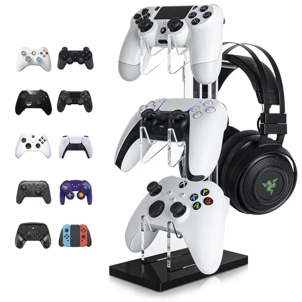 OAPRIRE Universal 3 Tier Controller Holder and Headset Stand for PS4 PS5 Xbox ONE Switch, Controller Stand Gaming Accessories, Build Your Game Fortresses (Black) - Black