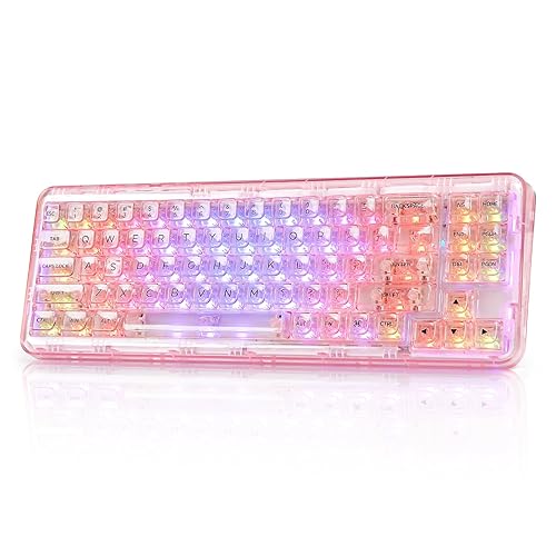 YUNZII X71 Wireless Hot Swappable Transparent Mechanical Keyboard with Clear Keycaps, 68% Layout, BT5.0/2.4G/USB-C Gasket Mount Wireless RGB Backlit for Windows/Mac(Crystal Ice Switch,Pink) - Crystal Ice Switch - Pink