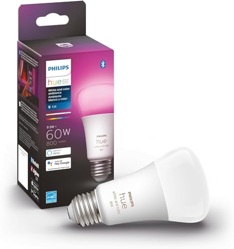 Philips Hue Smart 60W A19 LED Bulb - White and Color Ambiance Color-Changing Light - 1 Pack - 800LM - E26 - Indoor - Control with Hue App - Works with Alexa, Google Assistant and Apple Homekit - White and Color Ambiance - 1 Pack