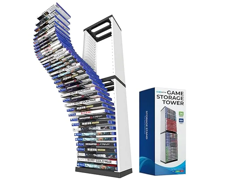 Skywin-Video Game Storage Stand Tower, Video Game Storage Organizer for PS5/ PS4/ PS3/ Xbox Series S & X/Xbox one Game, Universal Game Disc Holder, 36 CD Storage Disk Tower for PS (White) - White - 1