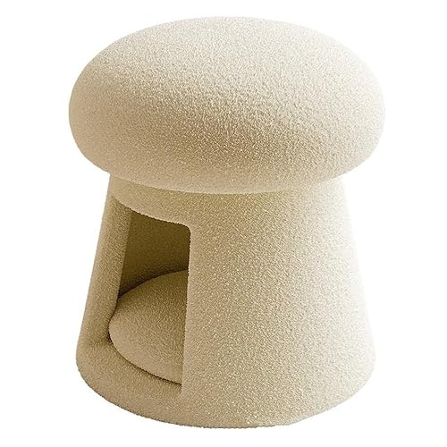 Mushroom Foot Rest Stool, Lambswool Round Ottoman, Low Short Footstool with Cat Bed, for Living Room, Bedroom(White) - White