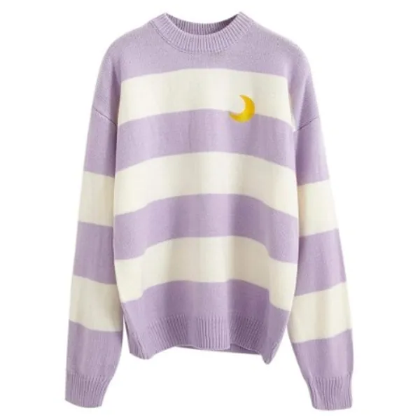 dog dog Women Kawaii Ulzzang College Wind Candy Contrast Striped Moon Sweater Clothing