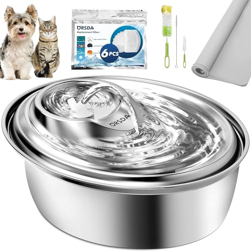 ORSDA Cat Water Fountain Stainless Steel, 3L Automatic Pet Drinking Fountain for Cats Inside, Dog Water Dispenser with Adjustable Water Flow and 6 Replacement Filters&1 Silicone Mat for Cats, Dogs - 100oz Fountain+1 Silicone Mat,Filter x 6,Brush x 3