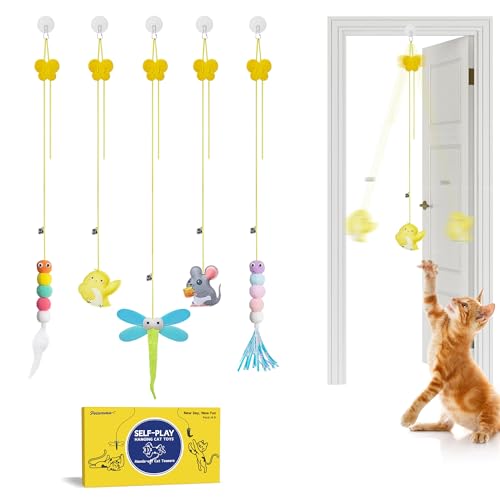 Potaroma Interactive Cat Feather Toys 5 Pcs, Cat Teaser Retractable, Hanging Cat Toys Indoor Kitten Play Chase Exercise, Mental Physical Stimulation for All Breeds and Species - Max Extended Length 78 inches