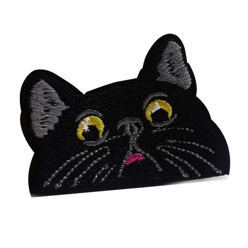 Cute Cat Embroidered Sew on Iron on Patch 1.6 x 2.4 inch Black Funny Kitten Armband for Shirts Jeans Hats Backpack Applique Accessory (Black Iron On) - Black Iron On