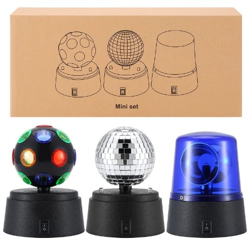4.5” Disco Ball, Strobe lights, police light 3 in 1 glow in the dark party supplies. Battery operated party decorations, 360° Rotating stage lights, dj lights, mini disco car lights for disco parties.