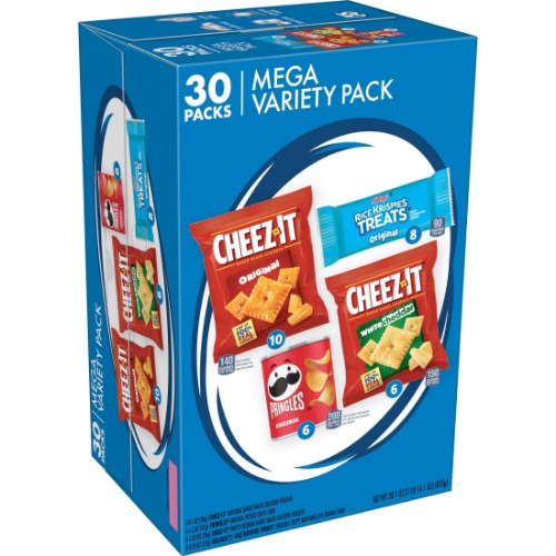 Kellogg's Mega Variety Pack (MVP) Snacks, Lunch Snacks, Office and Kids Snacks, Variety Pack, 30.1oz Box (30 Snacks) - Cheez It, Pringles, Rice Krispies Treats 30 Piece Set