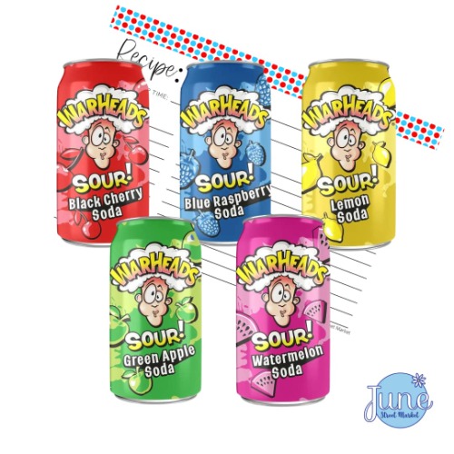 Warheads Sour Soda Pop Variety 5 Pack | 12 oz. Cans | with (1) June Street Market Blank Recipe Card (style may vary) - 