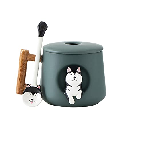 DIHOclub Ceramic Coffee Mug with Lid and Matching Spoon,Novelty 3D Husky Pattern Mug for Tea Milk Chocolate Juice,Cute Cup for Dog Lovers,Perfect Gifts-14 Ounces (green) - Green