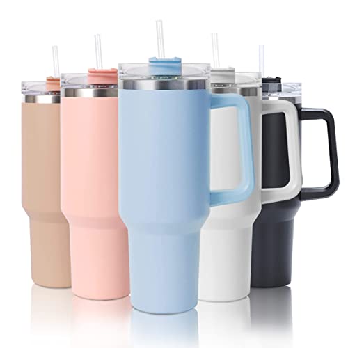 mebiusyhc 40oz Stainless Steel Vacuum Insulated Cup Double Wall Travel Flask Car Coffee Mug Tumbler with Straw with Handle for Hot Iced Coffee - Blue
