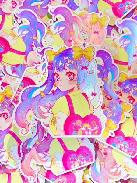 Holographic Kawaii Girl Sticker, Weatherproof