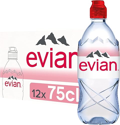 Evian Natural Mineral Water 750ml Sports Cap (Pack of 12 x 75cl) - Unflavored - 750 ml (Pack of 12)