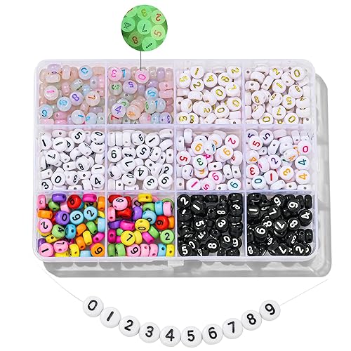 Hudinsun 500Pcs 0-9 Acrylic Number Beads in 12 Grid Box Round Beads for Bracelets Neckless Friendship Jewelry DIY Making 4x7mm, 6 Colors