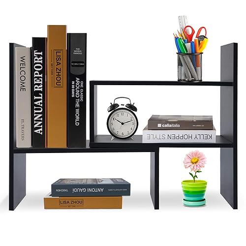Hossejoy Desk Shelf, Adjustable Desktop Storage Organizer, Wood Display Shelf Rack, Office Supplies Desk Organizer, Black - Black
