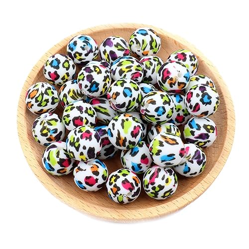 36pcs Leopard Silicone Beads Craft 12mm 15mm 19mm Round Loose Spacer Beads Bulk for DIY Keychain Pens Bracelet Making (Colorful Leopard, 15mm) - Colorful Leopard - 15mm