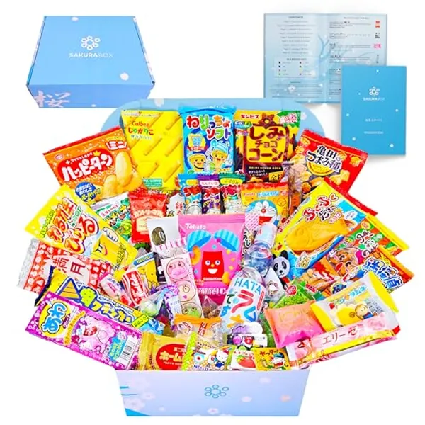 Sakura Box Japanese Candy & Snacks Dagashi Set & Pamphlet 50 Pieces Japanese Food Gift Box