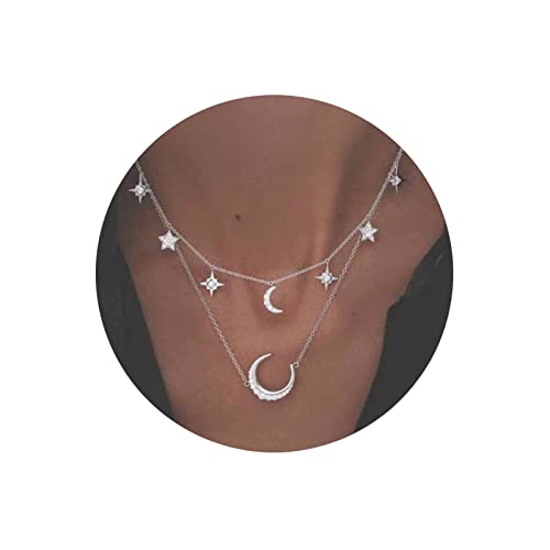 Yheakne Boho CZ Moon Star Necklace Choker Silver Layered Northstar Necklace Rhinestone Crescent Pendant Necklace Layered Crescent Necklace Chain for Women and Girls Festival Jewelry