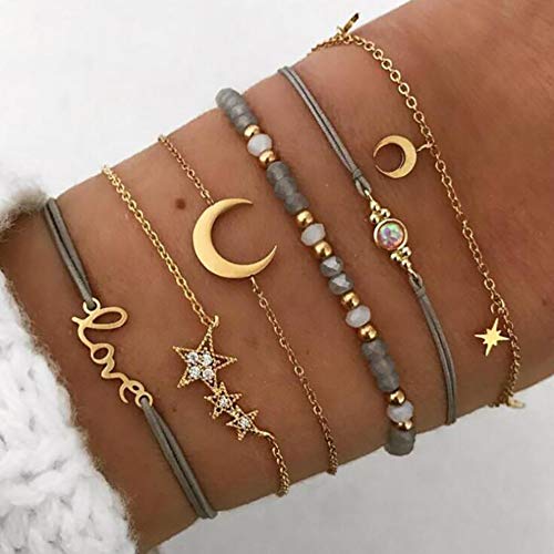 Deniferymakeup Star and Moon Bracelet Personalized Pendant Bracelet Handmade String Grey Bead Bracelet,Set of 6