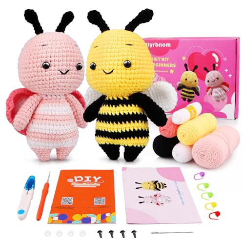Blyrbnom Crochet Kit Beginners for Adults,Crochet Animals Kits with Step-by-Step Video Tutorials for Kids,Crochet Starter Kit for Beginners,DIY Knitting Supplies (Bee and Butterfly Couple) - Bee and Butterfly Couple