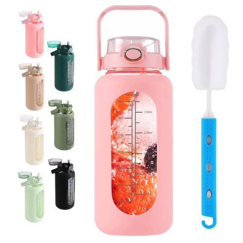 64oz Glass Water Bottle with Straw Lid Half Gallon Motivational Bottle with Handle and Silicone Sleeve and Time Marker Large Reusable Sports Water Jug for Gym Home Workout - 64oz - Pink