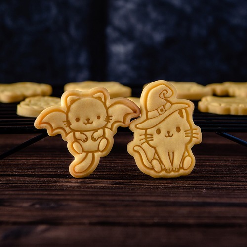Halloween Kitten Cookie Mould Ghost Cute Cartoon Animal Kitten Cat Shape Fondant Embosser Stamp Cake Tool DIY Baking Tool