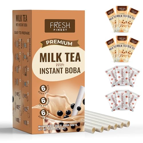 Fresh Finest Milk Tea with Instant Boba + 6 Boba Straws – 6 Pack Milk Tea Powder with Tapioca Pearls – Easy to Prepare Boba Tea Kit with Boba Pearls – Delicious Boba Milk Tea Kit - Classic Milk