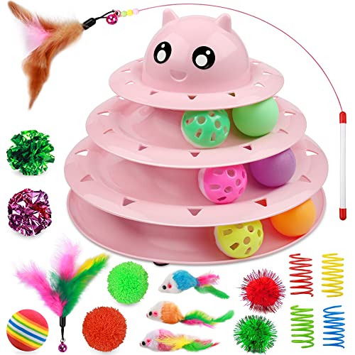 UPSKY 20 PCS Cat Toys, Cat Roller Toy 3-Level Turntable Cat Toys Balls for Indoor Cats, Kitten Toys Set with Cat Teaser Toys, Mice Toys, Spring Toys, and Various Ball Toys. - B-20PCS-Pink