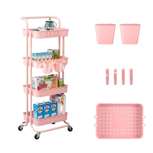 4 Tier Rolling Cart Organizer Kitchen Utility Cart with Wheels Kitchen Storage Cart On Wheels Spice Rack Organizer with Handle & Hooks & Cups Trolley Pantry Organizer Shelf Bathroom Accessories(Pink)