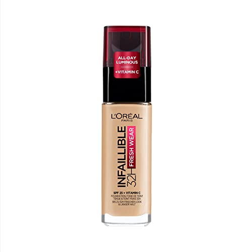 L'Oréal Paris Infallible 32H Fresh Wear Foundation, Full-coverage, Longwear, Weightless Smooth Finish, Water-proof and Transfer-proof, with Vitamin C + SPF 25, 20 Ivory - 100 - Linen - 30 ml (Pack of 1)