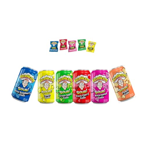 Fountain City Fulfillment Warheads Soda with Warheads Candy Variety Pack - Party Box Sampler Pack With Black Cherry, Blue Raspberry, Watermelon, Green Apple, Lemon & Peach Drinks, Cocktail Mixers, 12oz Cans, 6 Pack